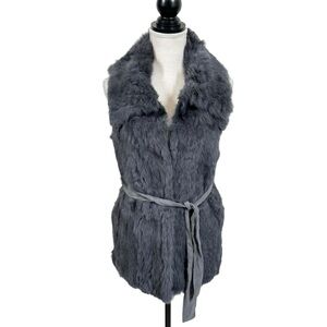 Ya Los Angeles Gray Rabbit Fur Vest Size S Collared Belted 70s Boho Indie Sleaze